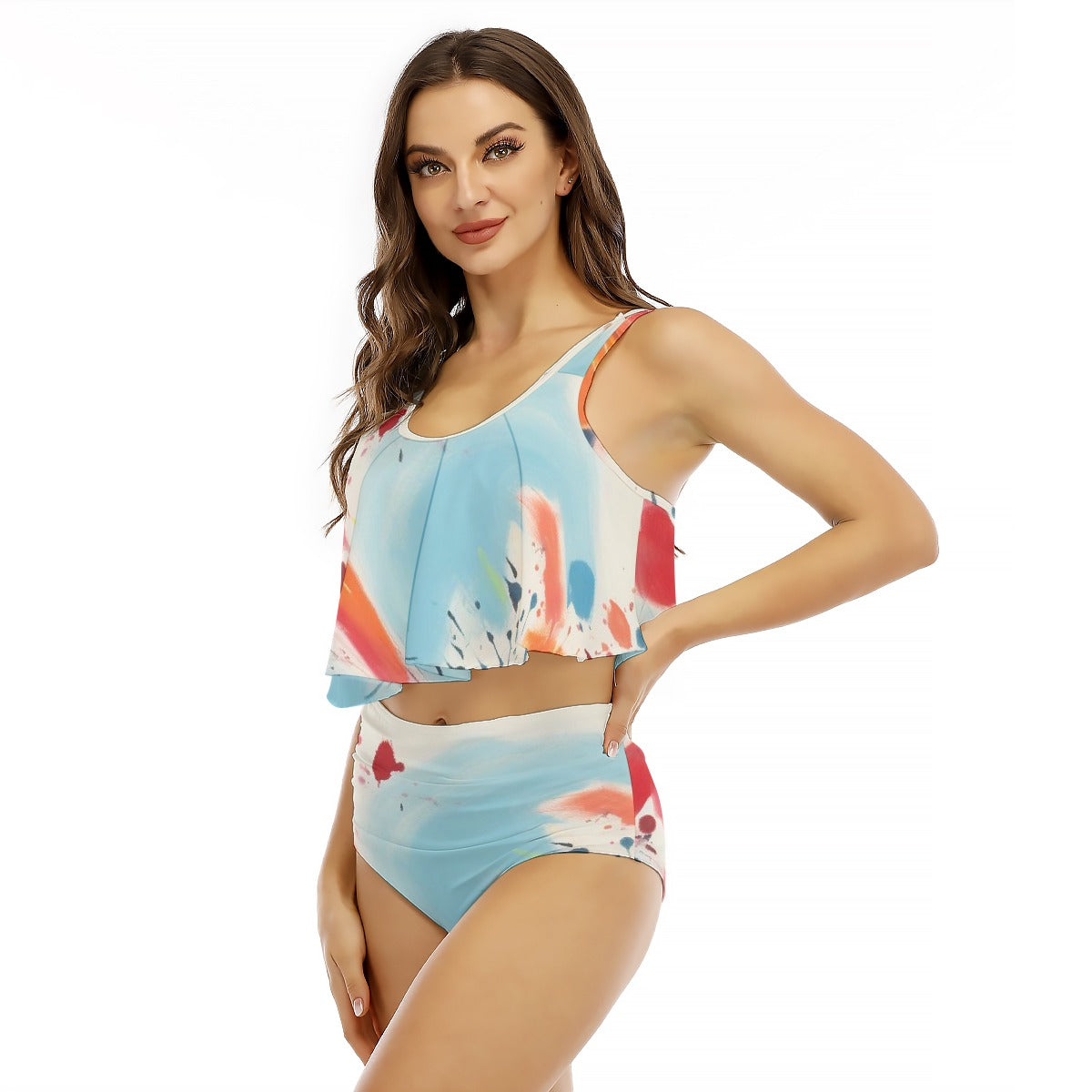 All-Over Print Women's Ruffled Vest Bikini Swimsuit