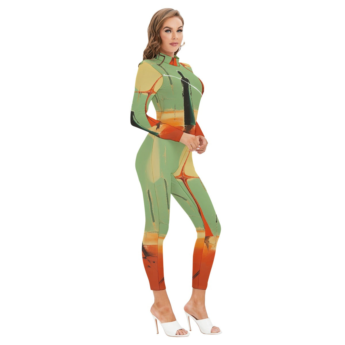 All-Over Print Women's Long-sleeved High-neck Jumpsuit With Zipper