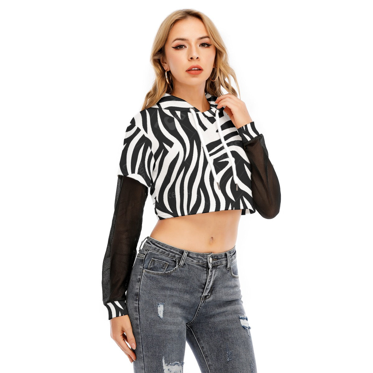 All-Over Print Women's Fake Two-piece Mesh Sleeve Cropped Hoodie
