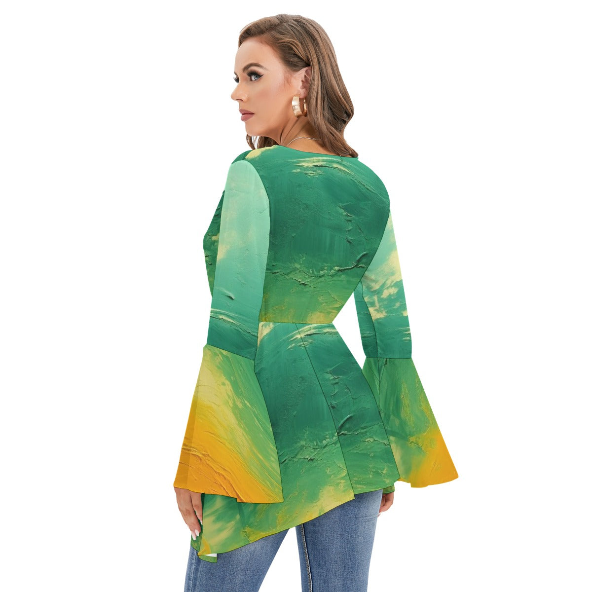 All-Over Print Women's V-neck Blouse With Flared Sleeves