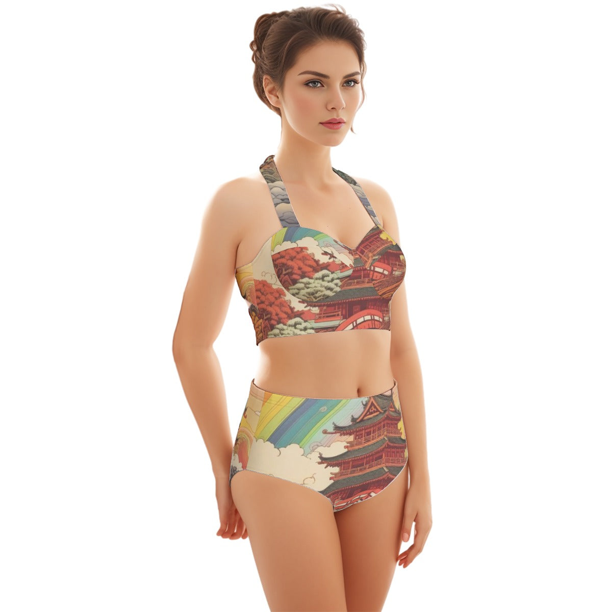All-Over Print Women's Swimsuit Set With Halter