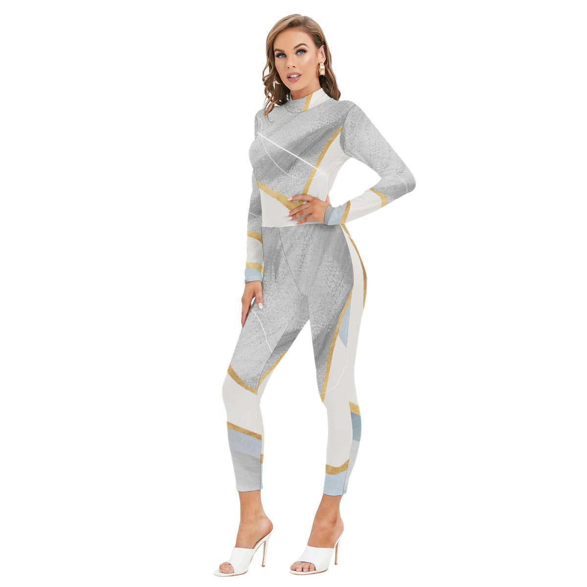 All-Over Print Women's Long-sleeved High-neck Jumpsuit With Zipper
