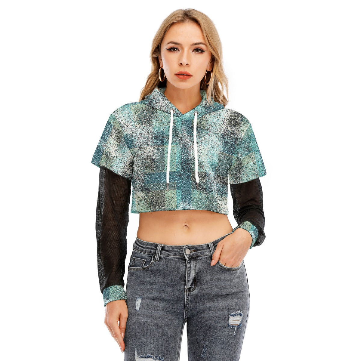 All-Over Print Women's Fake Two-piece Mesh Sleeve Cropped Hoodie