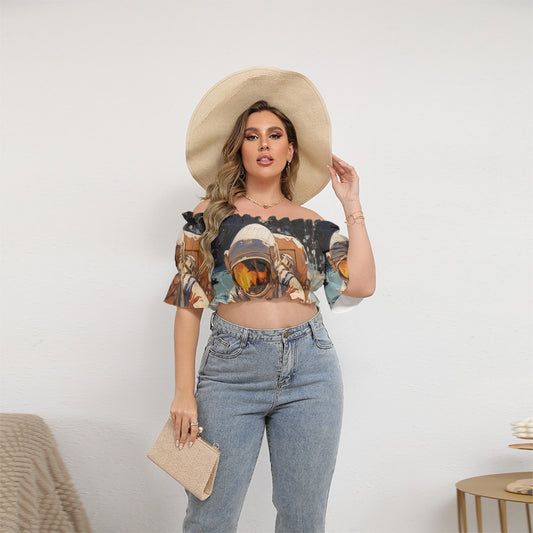 All-Over Print Women's Off-shoulder Cropped Top With Short Puff Sleeve