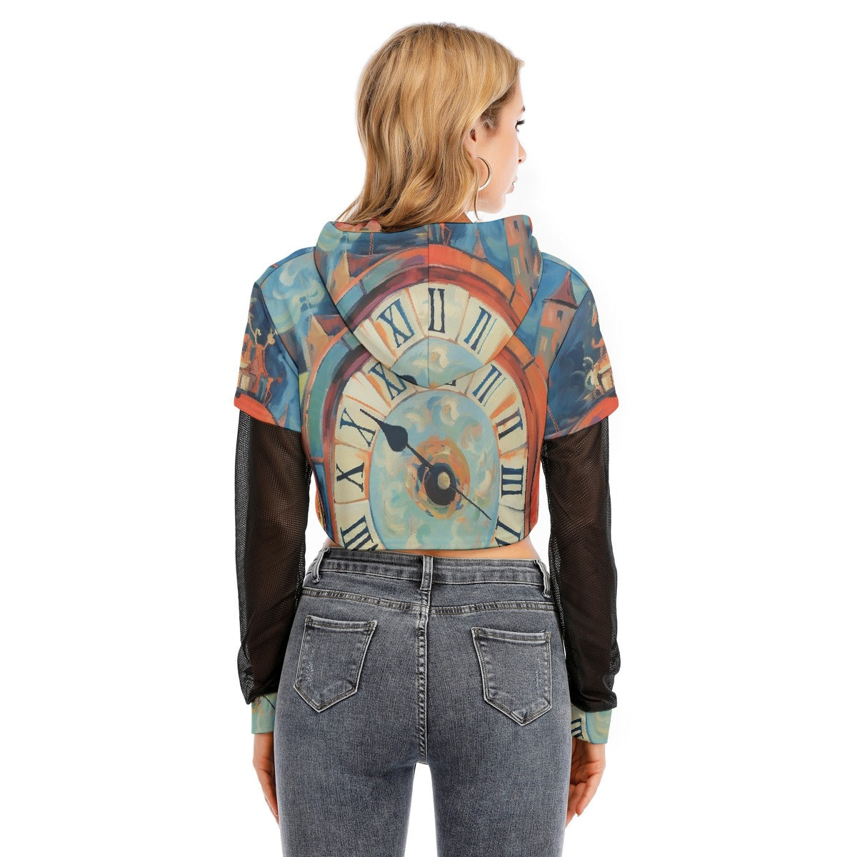 All-Over Print Women's Fake Two-piece Mesh Sleeve Cropped Hoodie