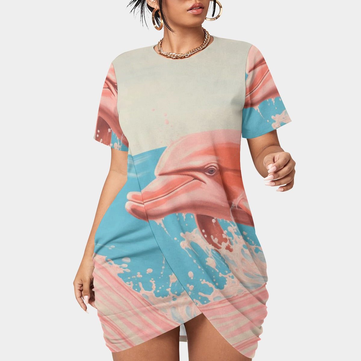 All-Over Print Women’s Stacked Hem Dress With Short Sleeve（Plus Size）