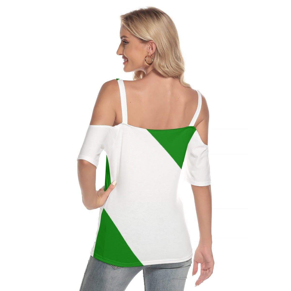 All-Over Print Women's Cold Shoulder T-shirt With Criss Cross Strips