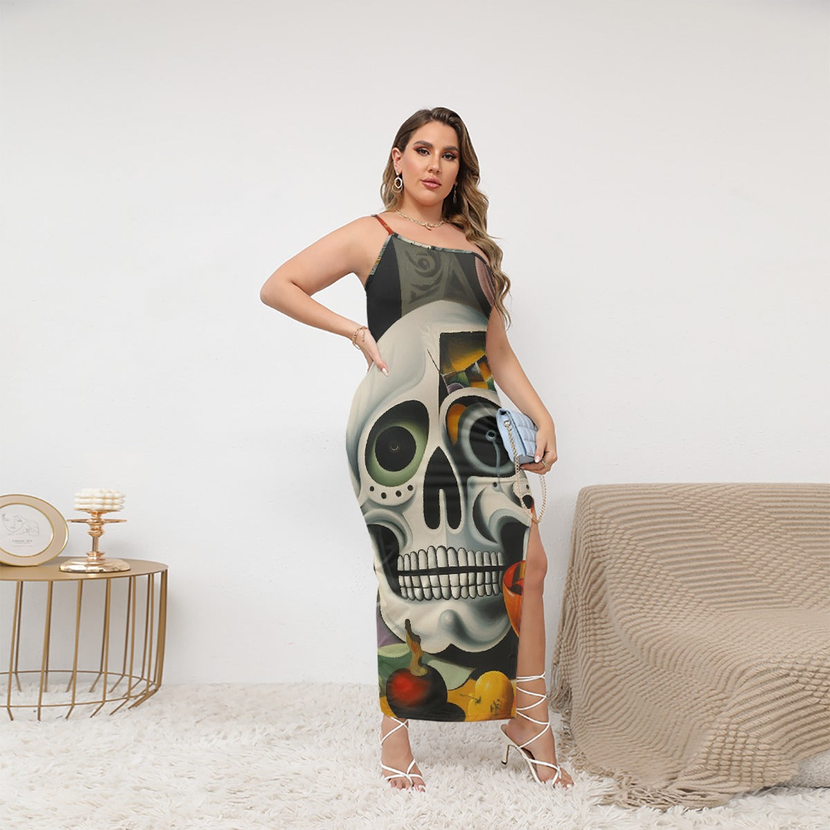 All-Over Print Women's Oblique-Shoulder Exposure Dress With Side Split (Plus Size)