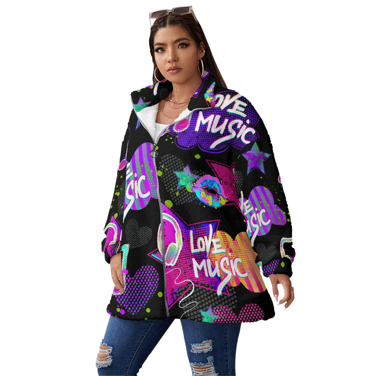 All-Over Print Unisex Borg Fleece Stand-up Collar Coat With Zipper Closure(Plus Size)