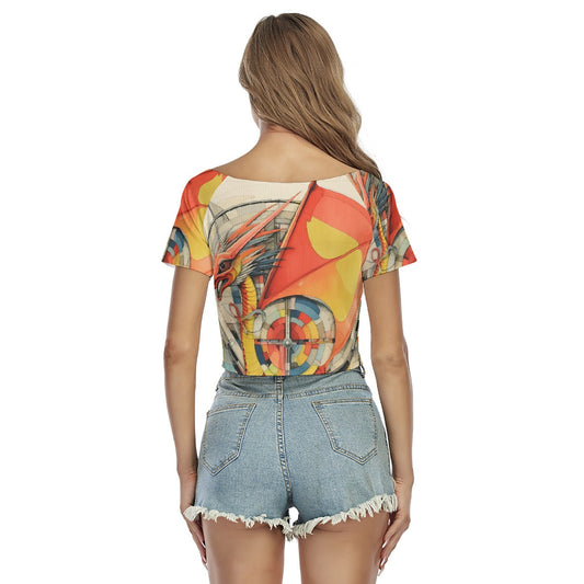 All-Over Print Women's Raglan Drawstring Front  Crop Tee