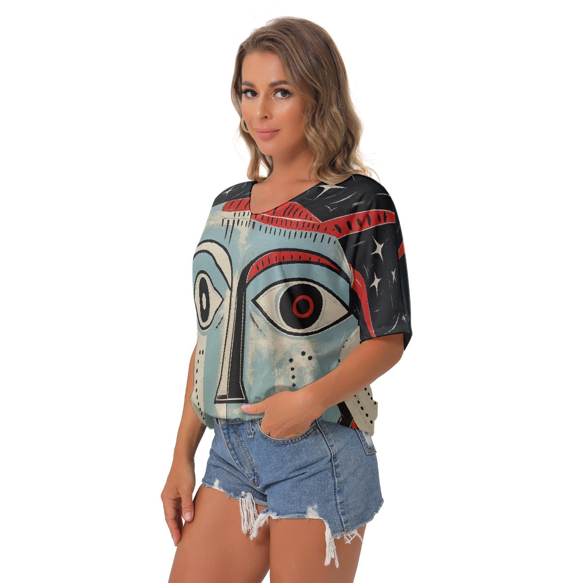 All-Over Print Women's Bat Sleeves V-Neck Blouse