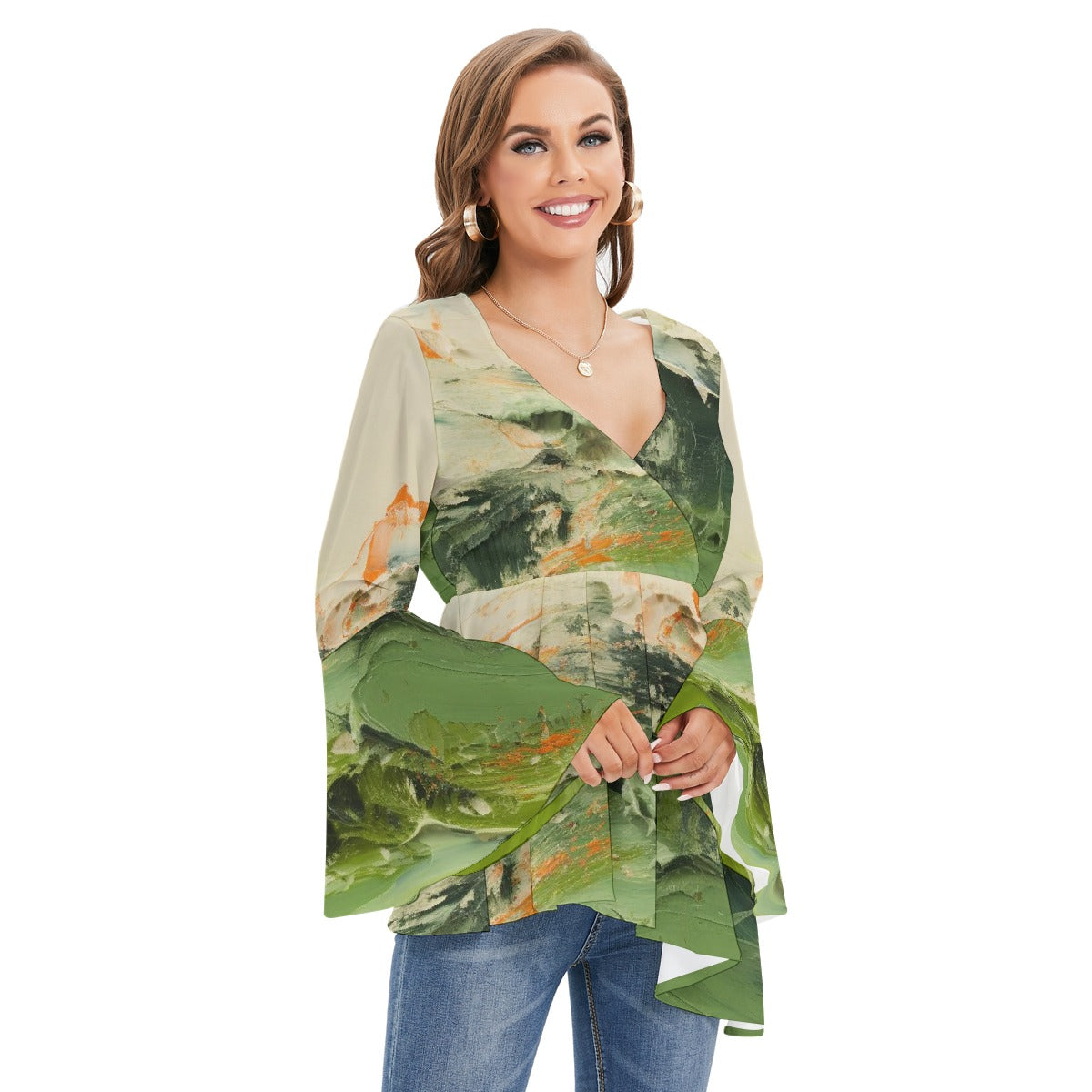 All-Over Print Women's V-neck Blouse With Flared Sleeves