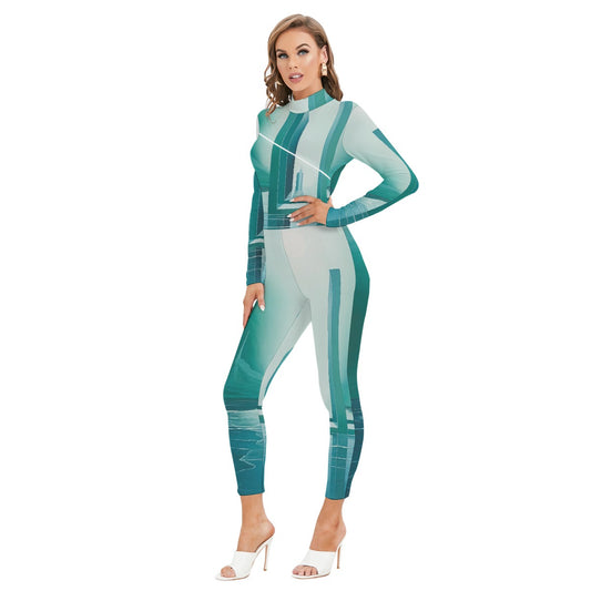 All-Over Print Women's Long-sleeved High-neck Jumpsuit With Zipper