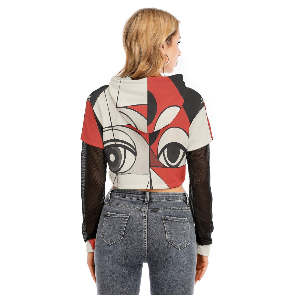 All-Over Print Women's Fake Two-piece Mesh Sleeve Cropped Hoodie
