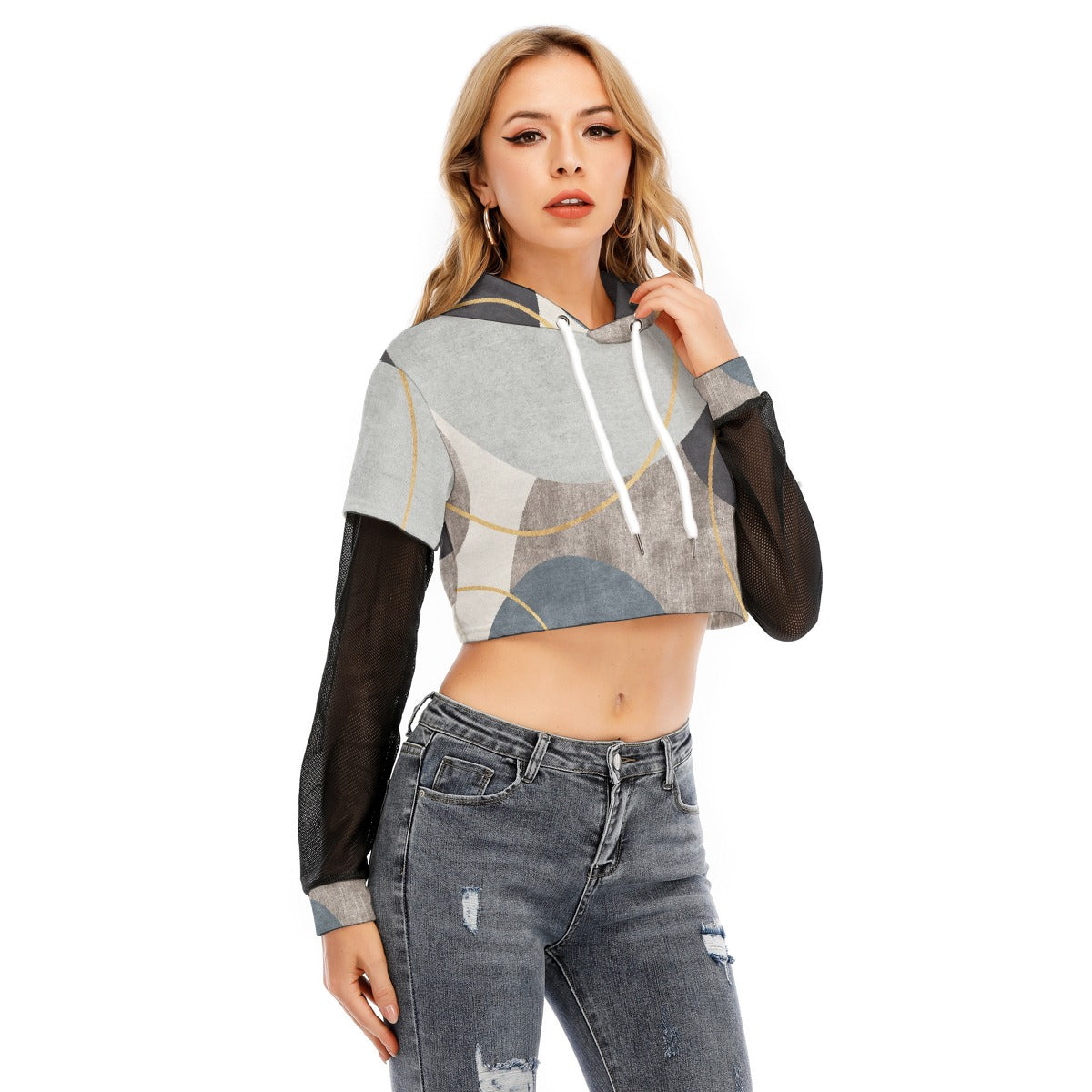 All-Over Print Women's Fake Two-piece Mesh Sleeve Cropped Hoodie