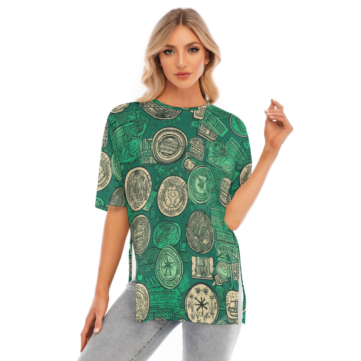 All-Over Print Women's Short Sleeves T-shirt With Hem Split