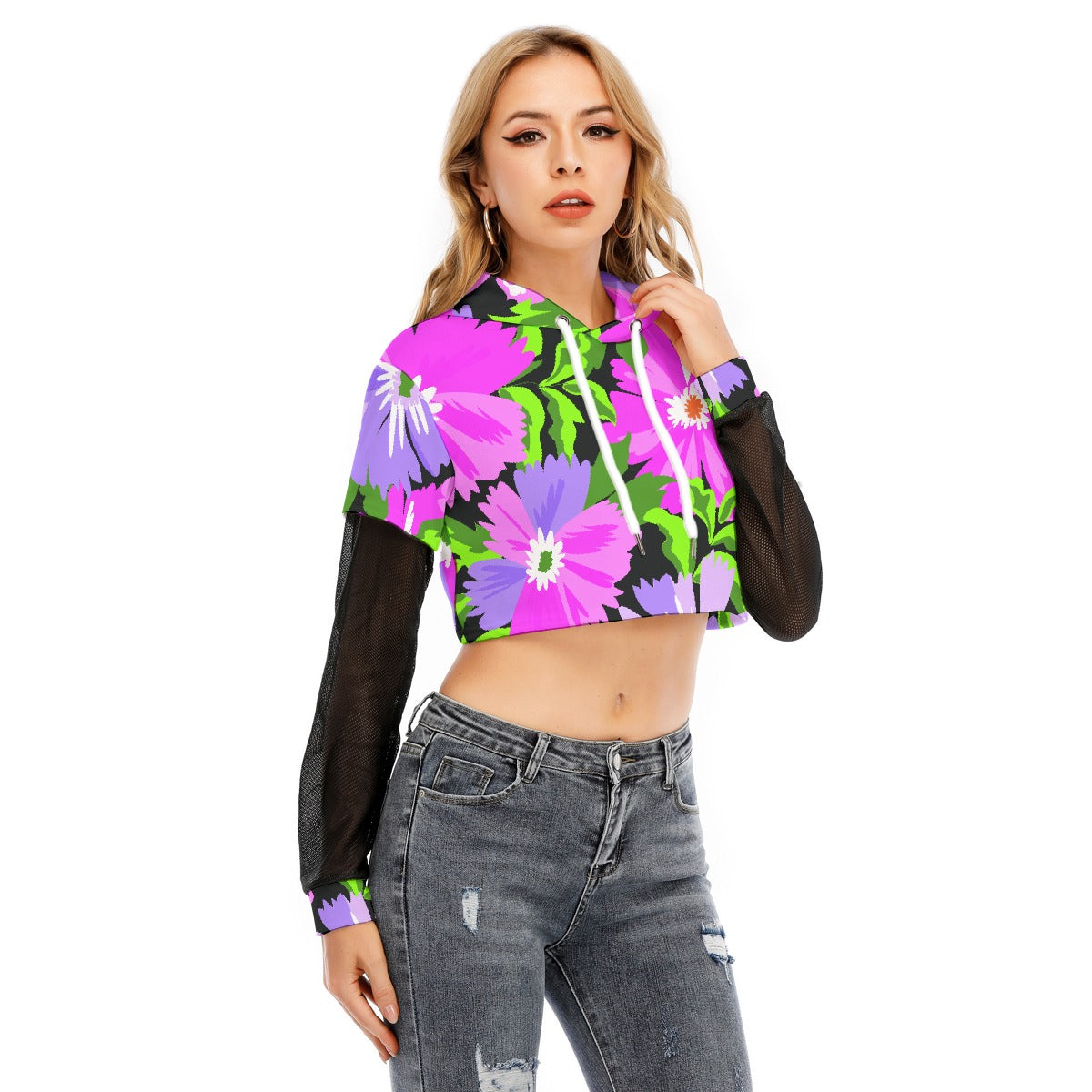 All-Over Print Women's Fake Two-piece Mesh Sleeve Cropped Hoodie
