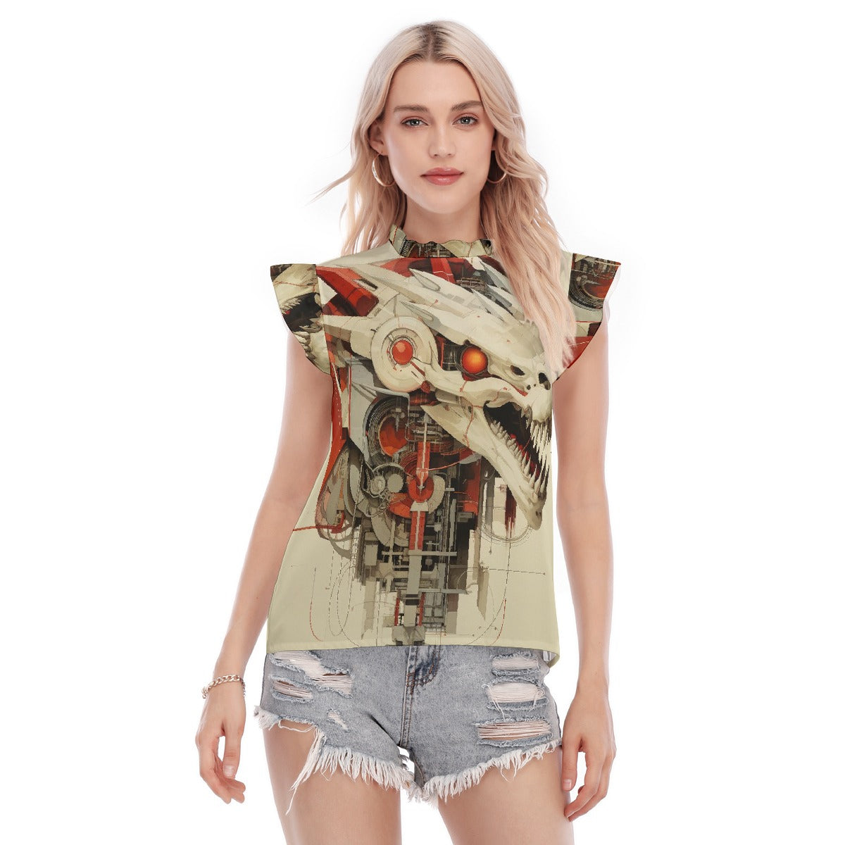 All-Over Print Women's Blouse With Ruffle Collar And Sleeve