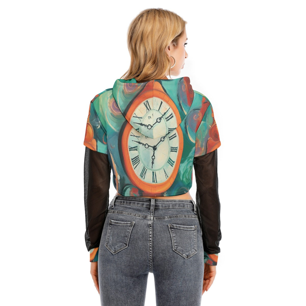 All-Over Print Women's Fake Two-piece Mesh Sleeve Cropped Hoodie