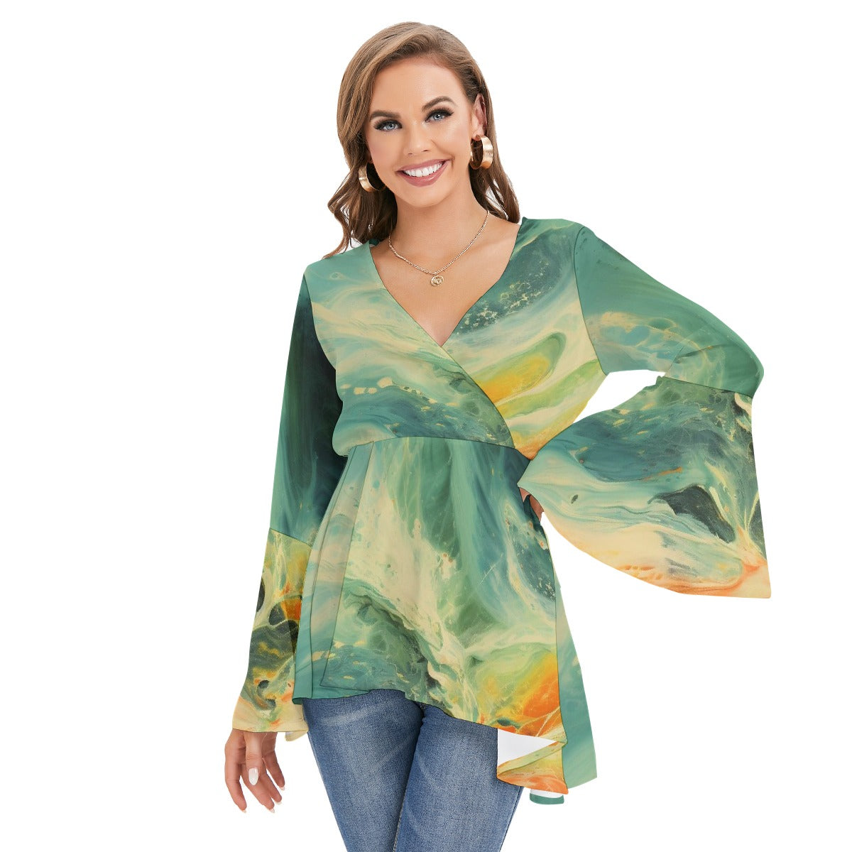 All-Over Print Women's V-neck Blouse With Flared Sleeves