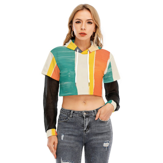 All-Over Print Women's Fake Two-piece Mesh Sleeve Cropped Hoodie