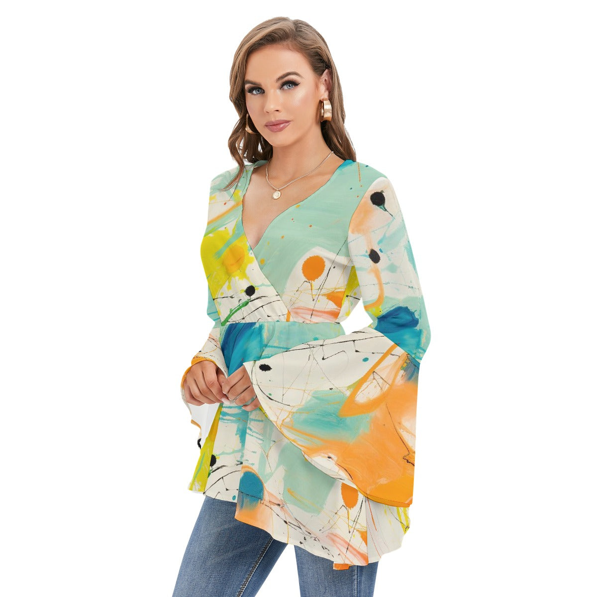 All-Over Print Women's V-neck Blouse With Flared Sleeves