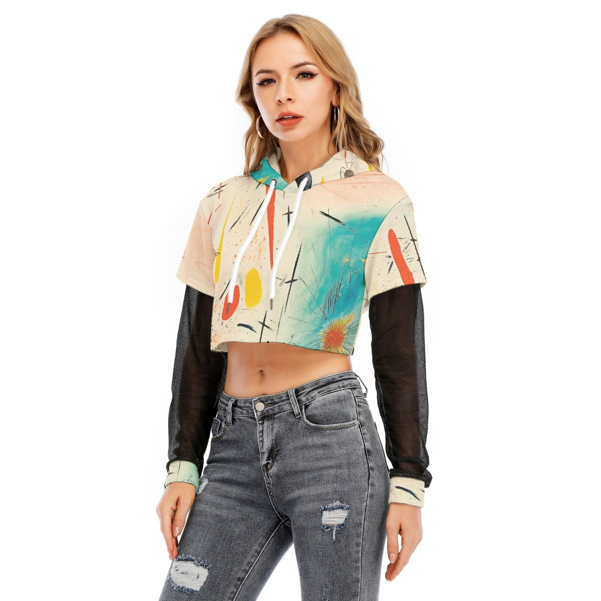 All-Over Print Women's Fake Two-piece Mesh Sleeve Cropped Hoodie