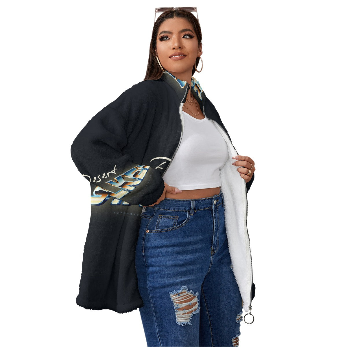 All-Over Print Unisex Borg Fleece Stand-up Collar Coat With Zipper Closure(Plus Size)