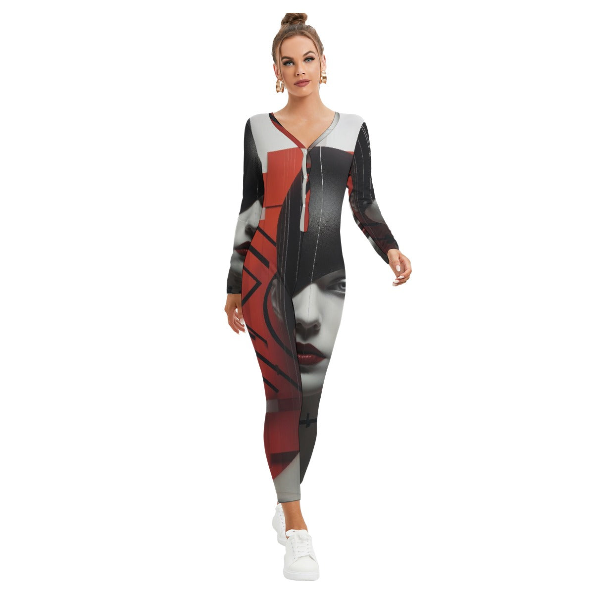 All-Over Print Women's Plunging Neck Jumpsuit