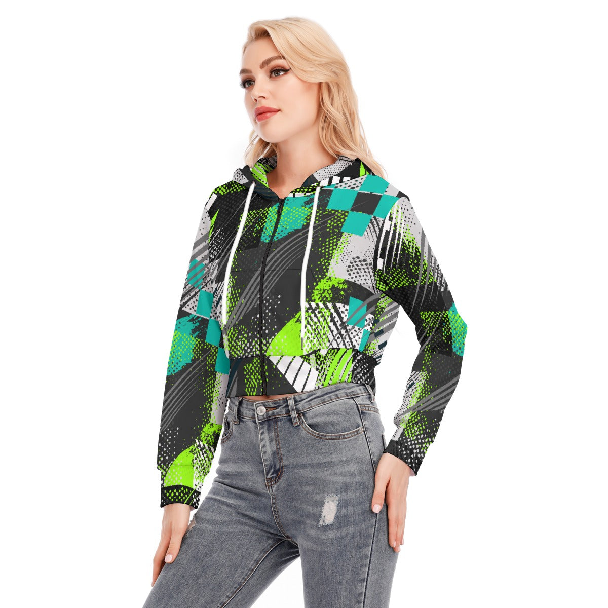 All-Over Print Women's Crop Top Hoodie With Zipper Closure