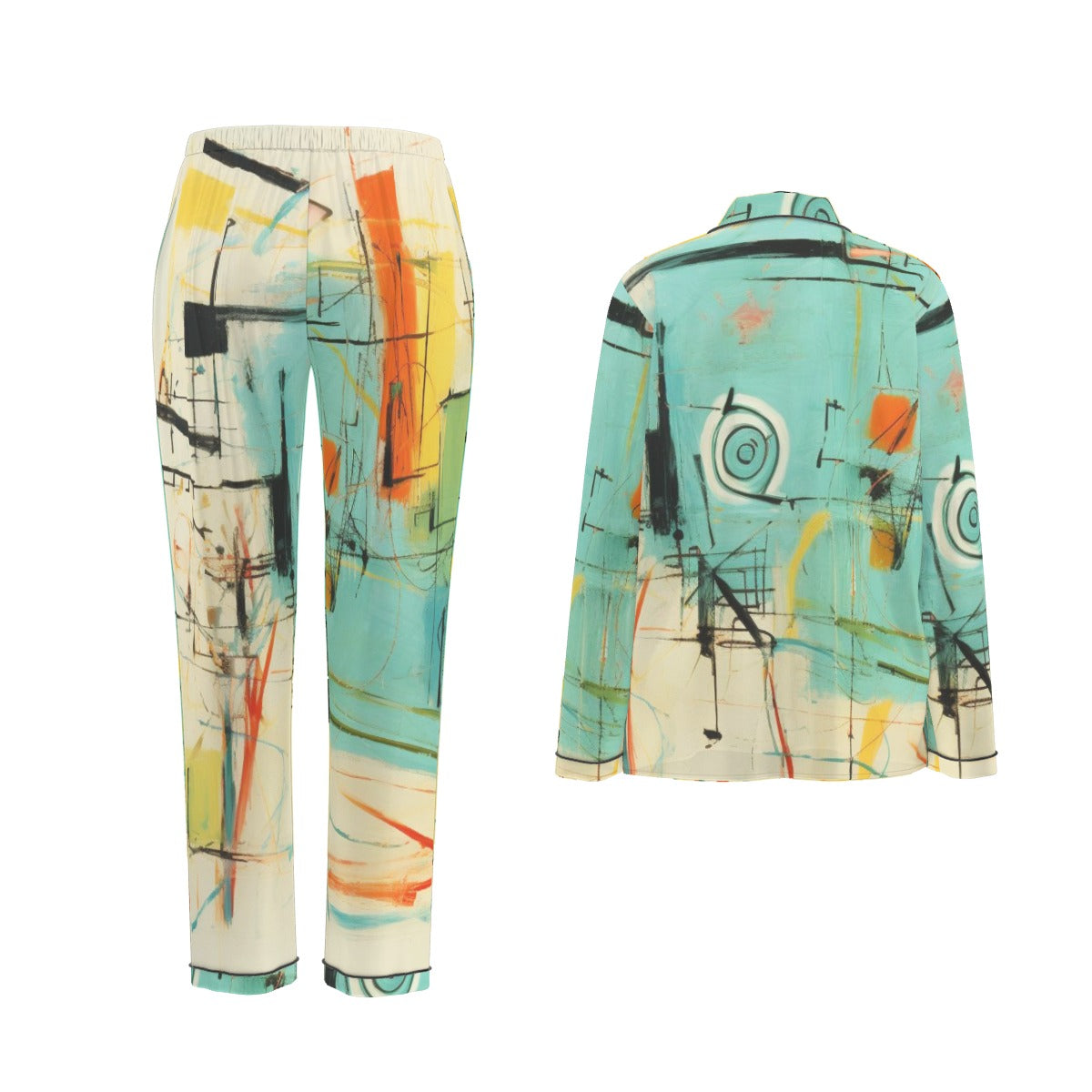 All-Over Print Women's Long Sleeve Pajama Set With Black Contrast Piping