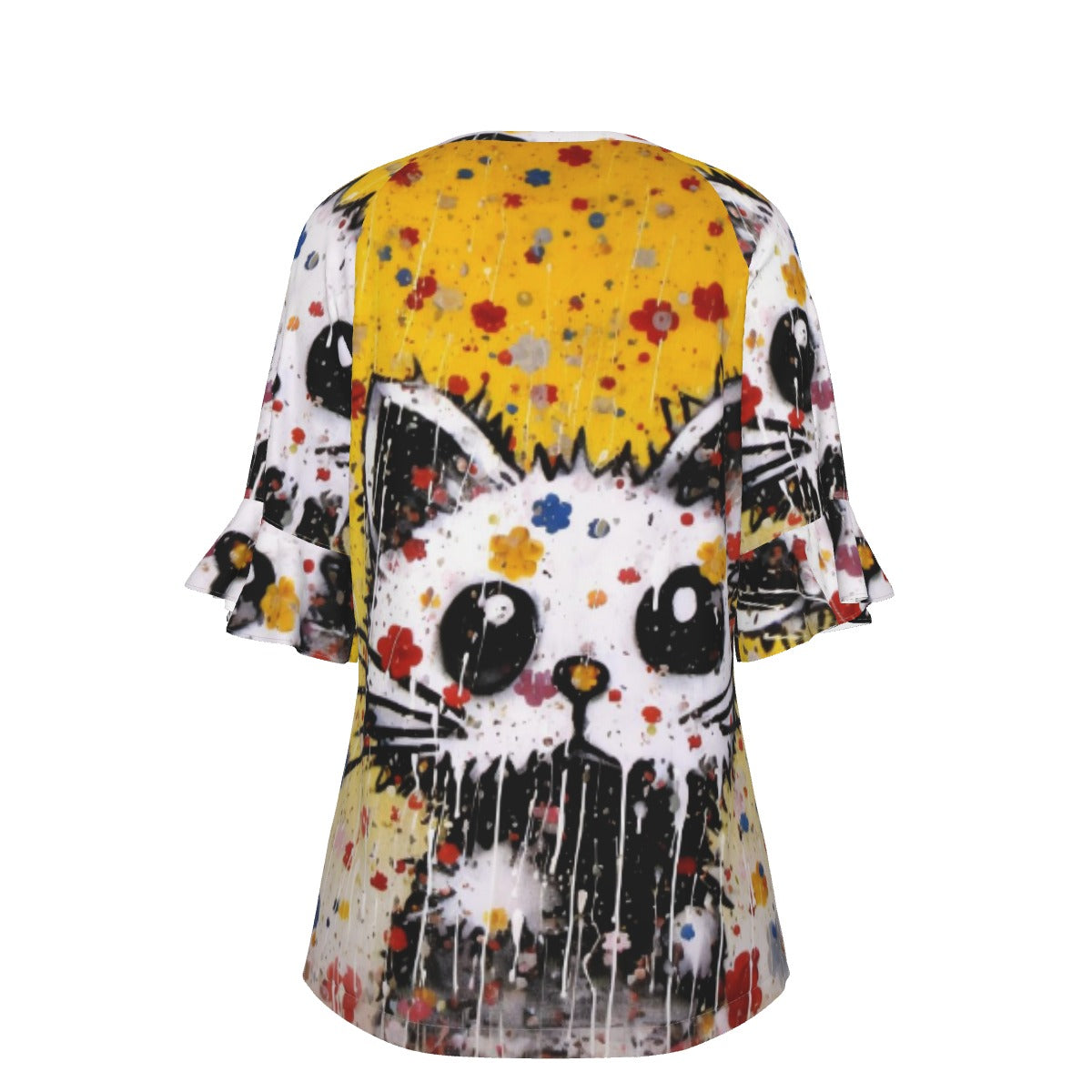 All-Over Print V-neck Women's T-shirt With Bell Sleeve