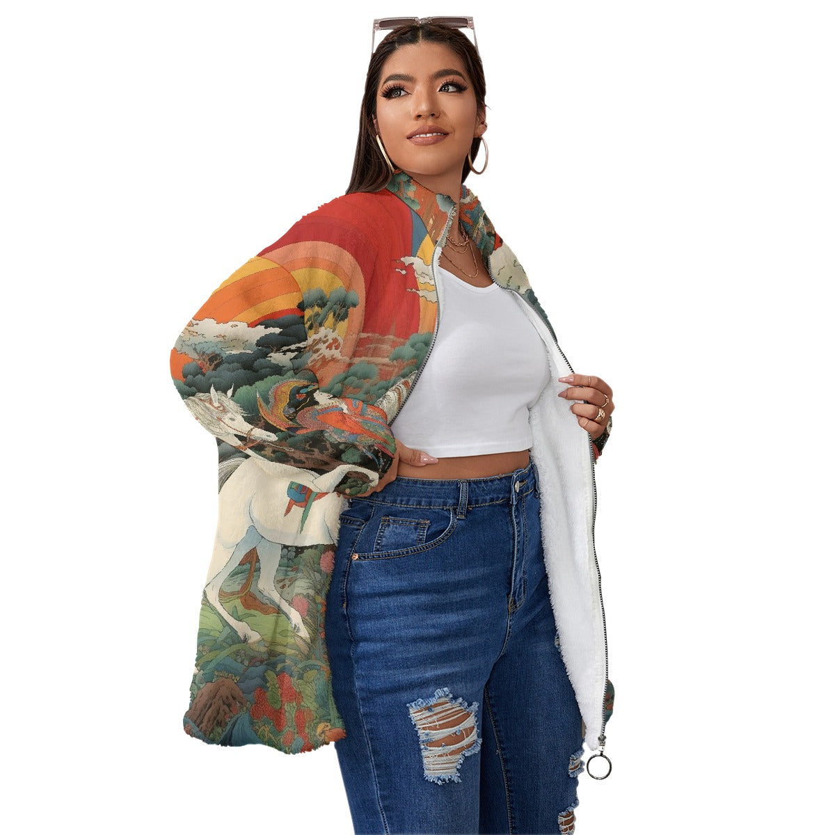 All-Over Print Unisex Borg Fleece Stand-up Collar Coat With Zipper Closure(Plus Size)