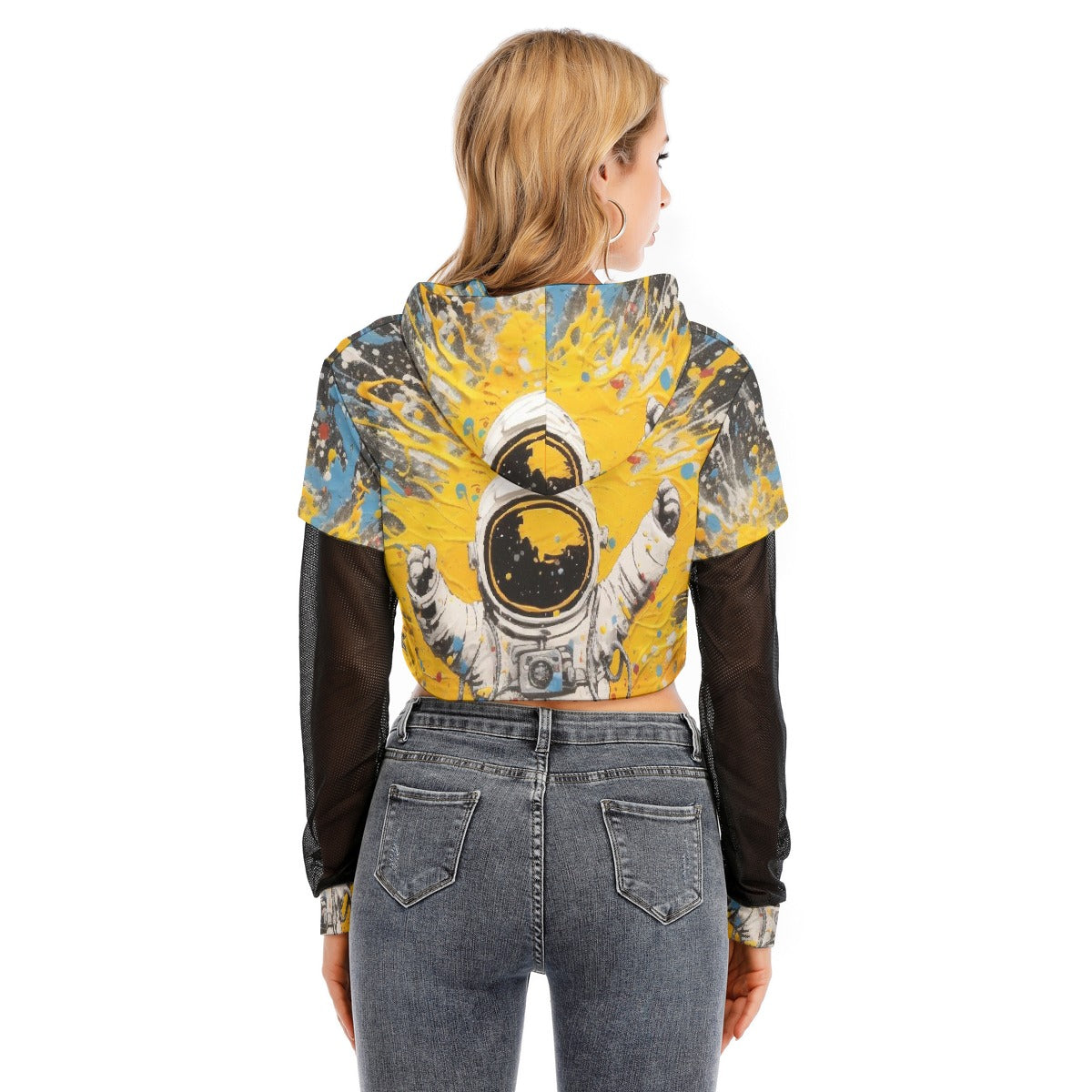All-Over Print Women's Fake Two-piece Mesh Sleeve Cropped Hoodie