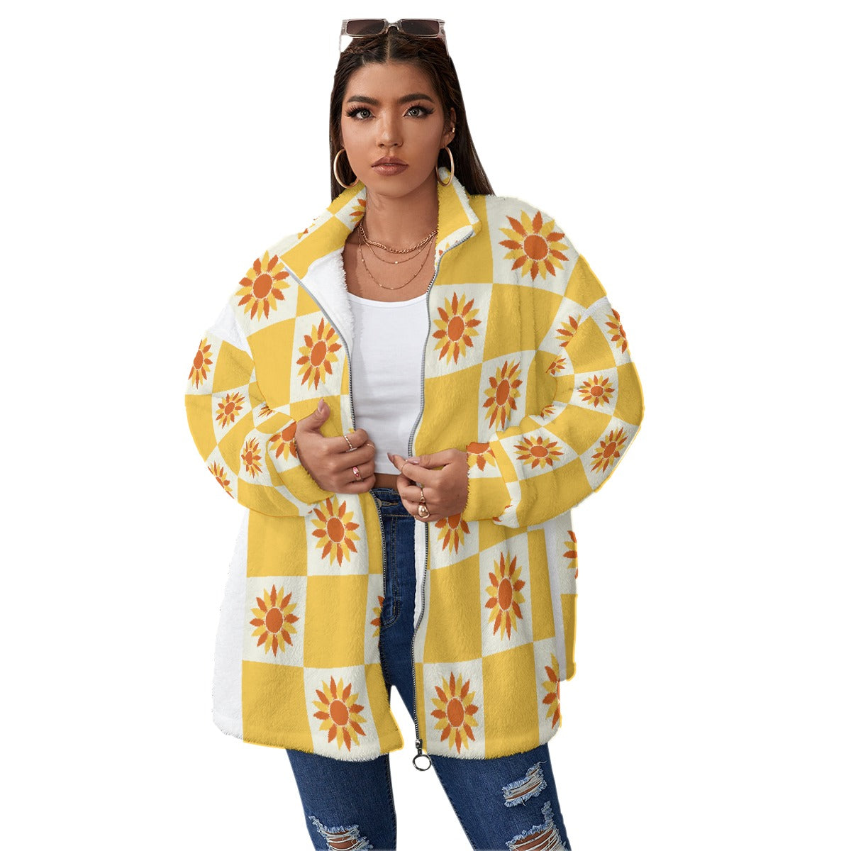 All-Over Print Unisex Borg Fleece Stand-up Collar Coat With Zipper Closure(Plus Size)
