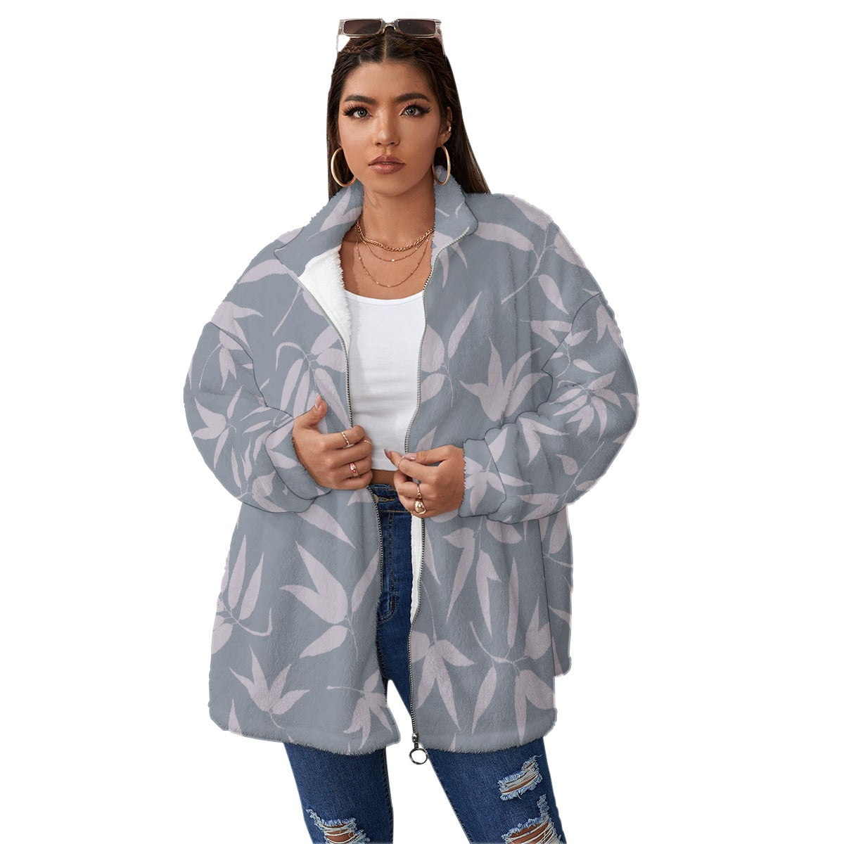 All-Over Print Unisex Borg Fleece Stand-up Collar Coat With Zipper Closure(Plus Size)