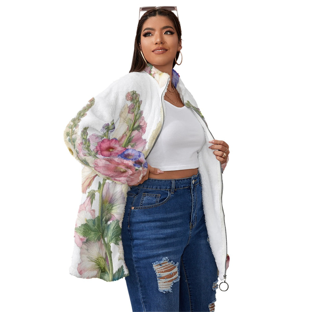 All-Over Print Unisex Borg Fleece Stand-up Collar Coat With Zipper Closure(Plus Size)