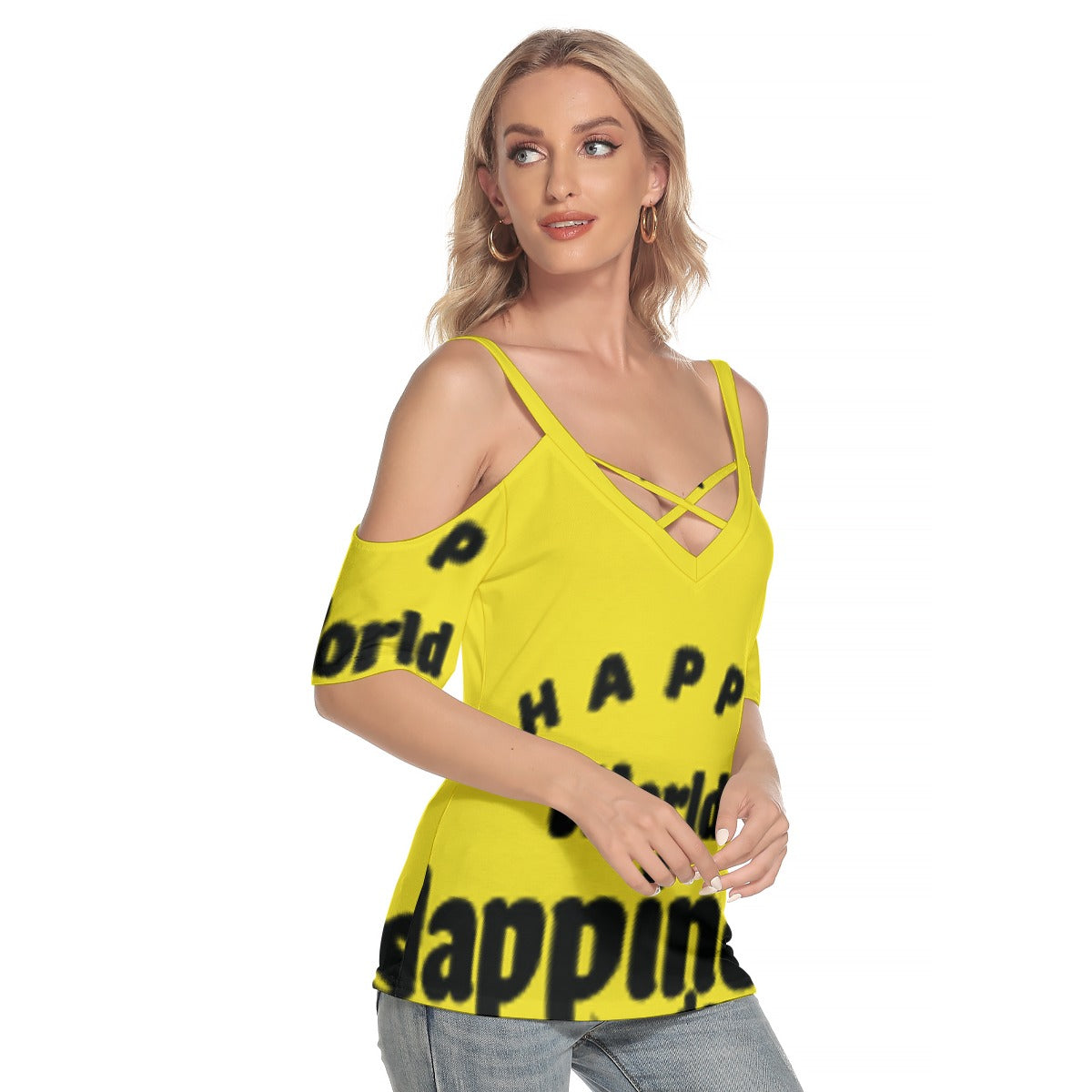 All-Over Print Women's Cold Shoulder T-shirt With Criss Cross Strips