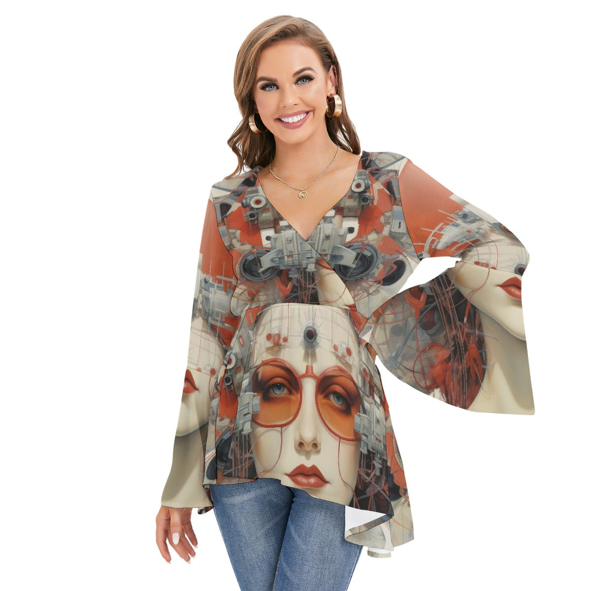 All-Over Print Women's V-neck Blouse With Flared Sleeves