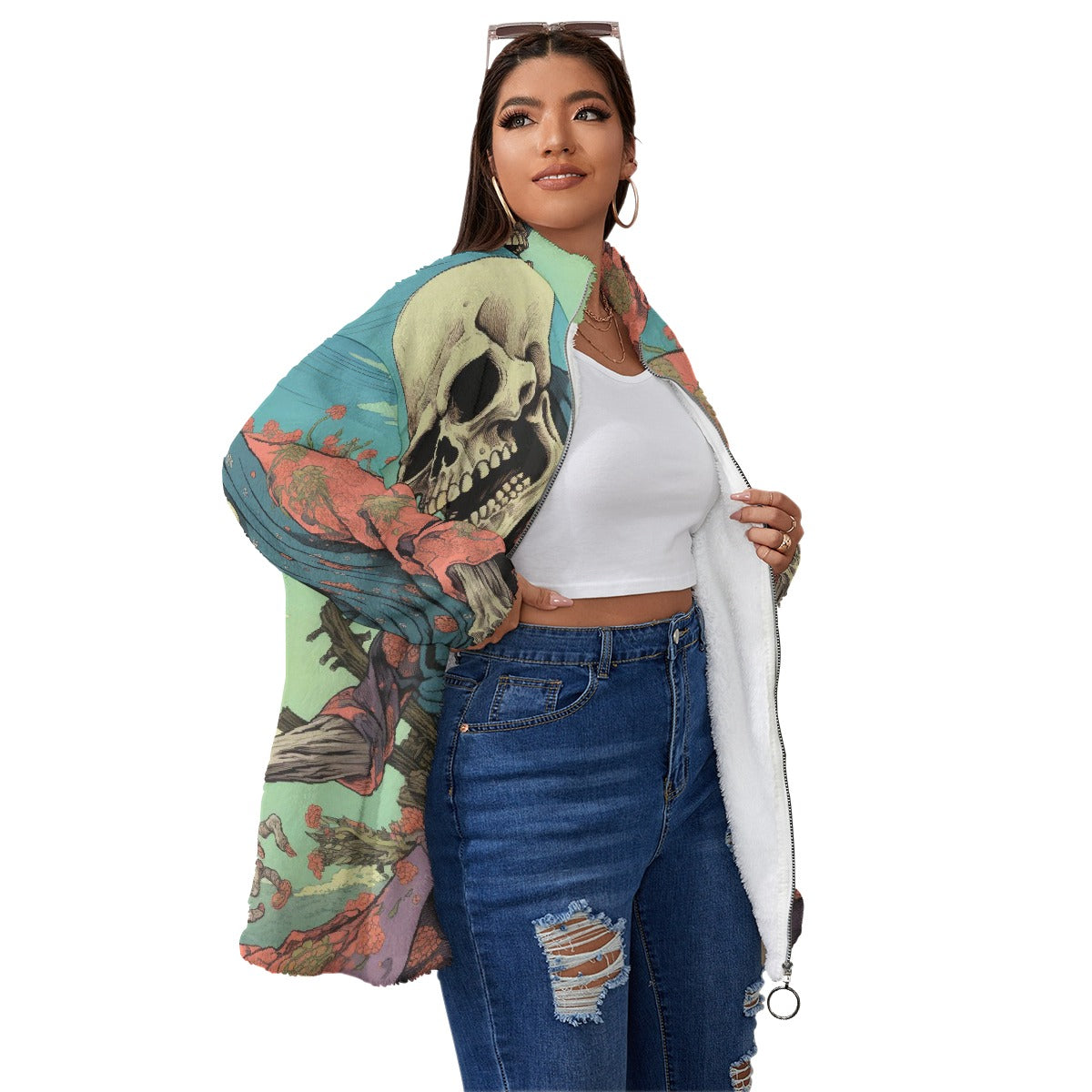 All-Over Print Unisex Borg Fleece Stand-up Collar Coat With Zipper Closure(Plus Size)