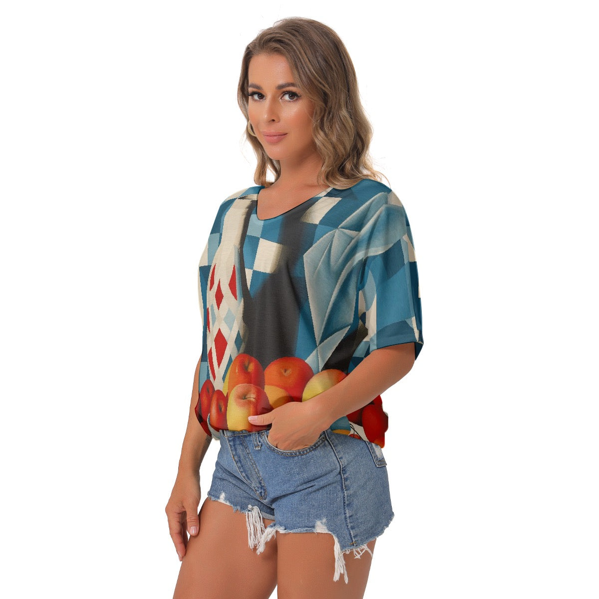 All-Over Print Women's Bat Sleeves V-Neck Blouse