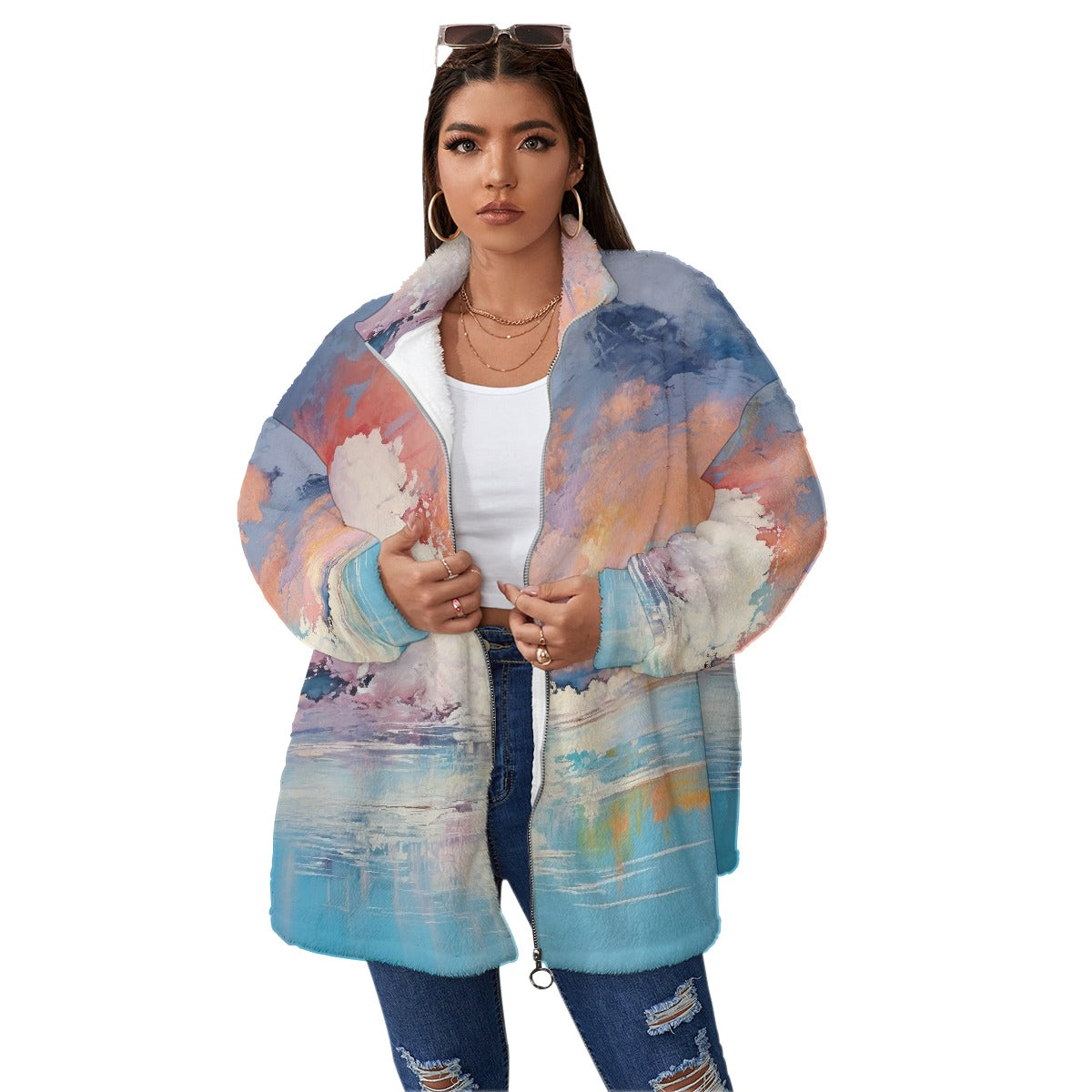 All-Over Print Unisex Borg Fleece Stand-up Collar Coat With Zipper Closure(Plus Size)