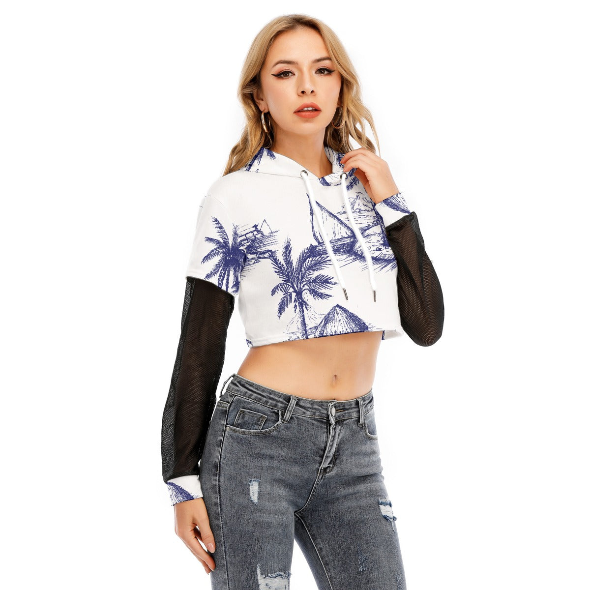 All-Over Print Women's Fake Two-piece Mesh Sleeve Cropped Hoodie