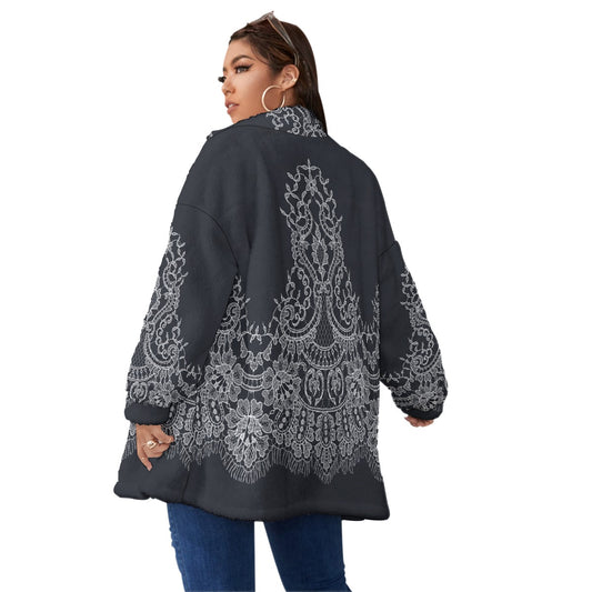 All-Over Print Unisex Borg Fleece Stand-up Collar Coat With Zipper Closure(Plus Size)