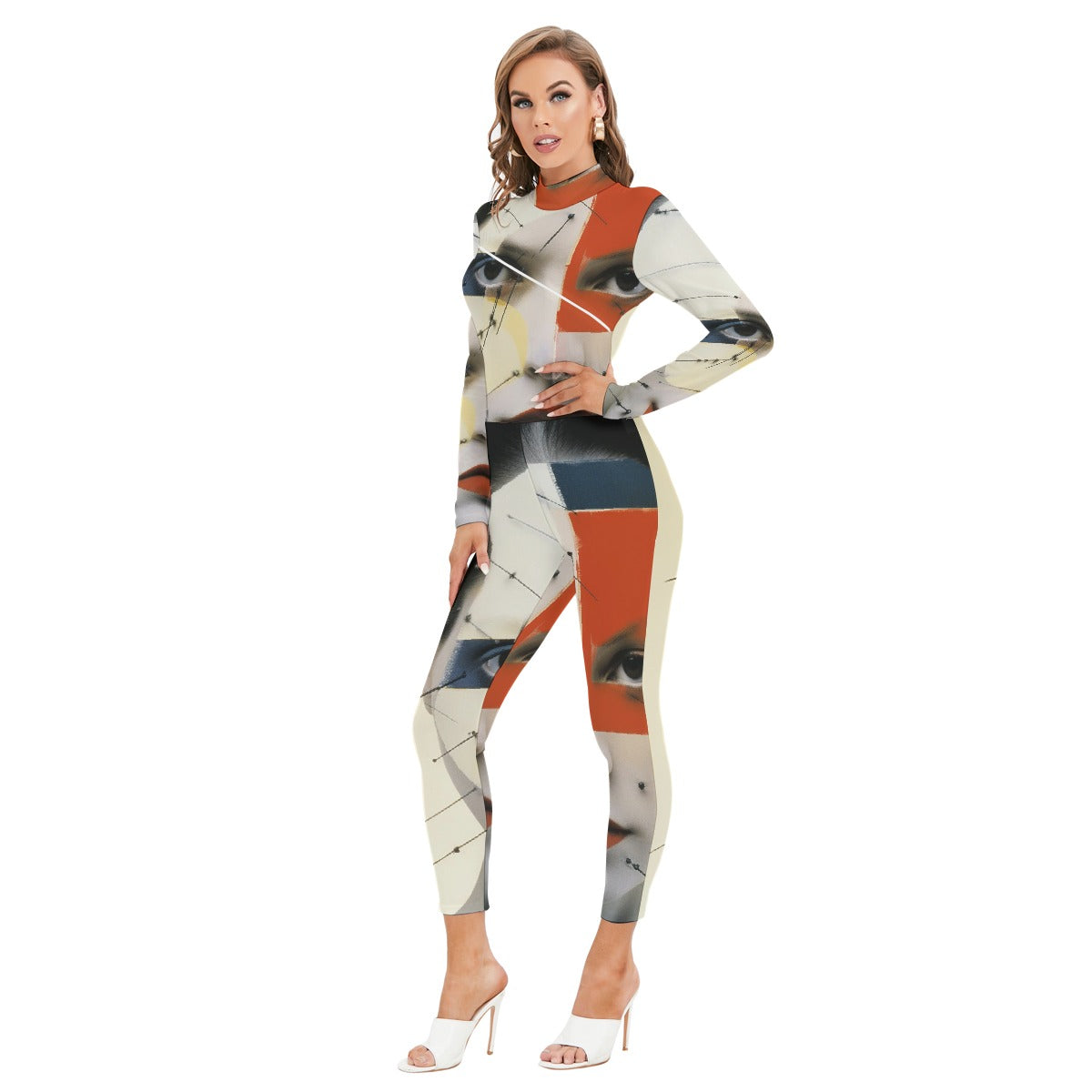 All-Over Print Women's Long-sleeved High-neck Jumpsuit With Zipper