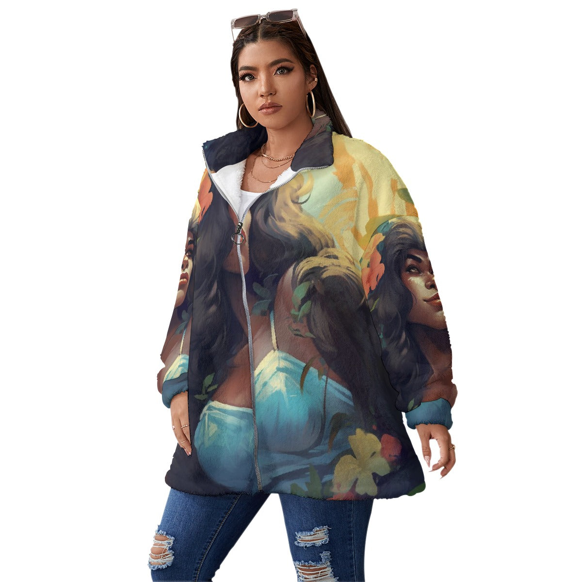 All-Over Print Unisex Borg Fleece Stand-up Collar Coat With Zipper Closure(Plus Size)