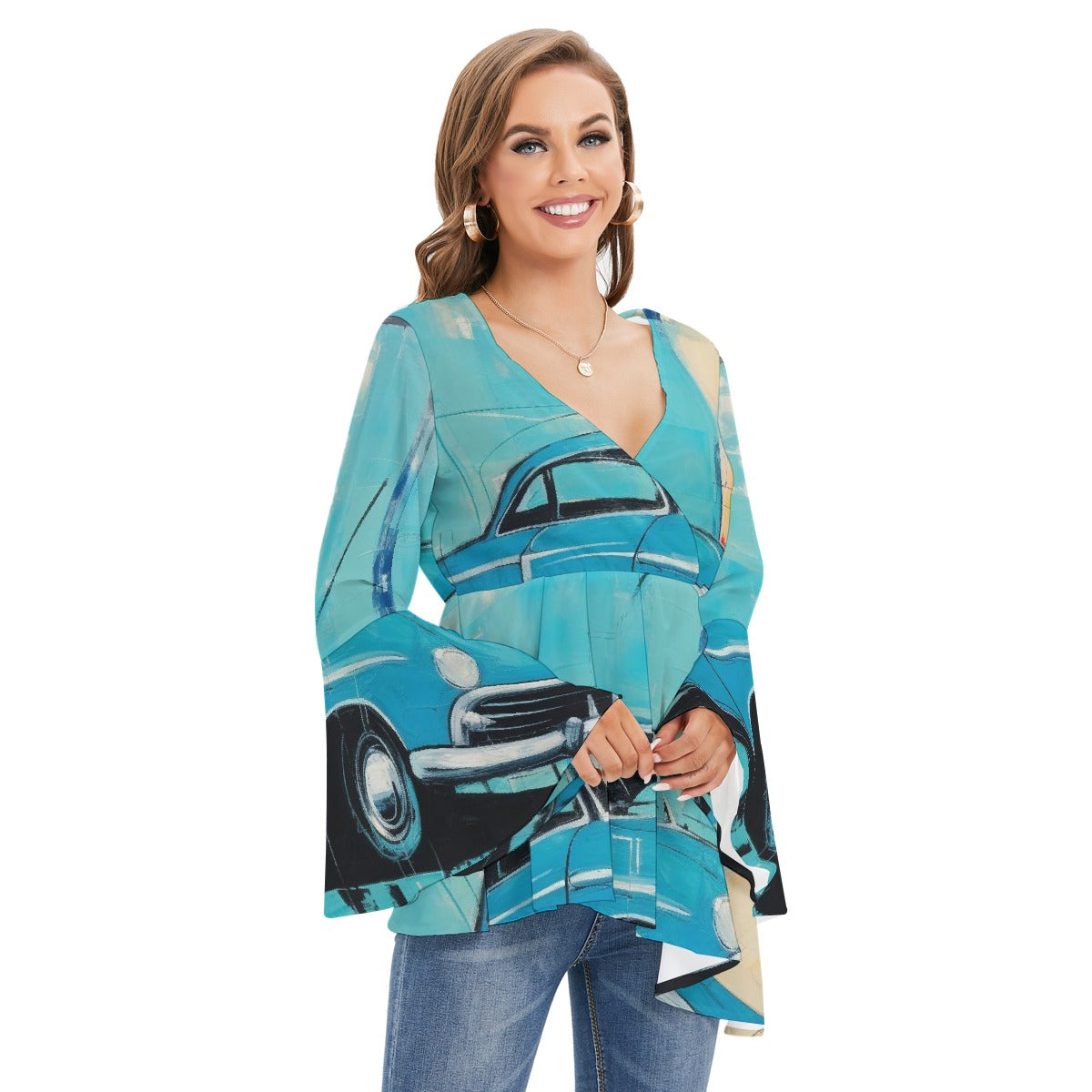 All-Over Print Women's V-neck Blouse With Flared Sleeves