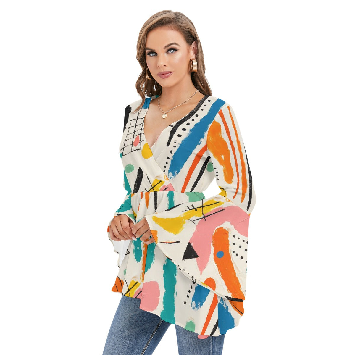 All-Over Print Women's V-neck Blouse With Flared Sleeves