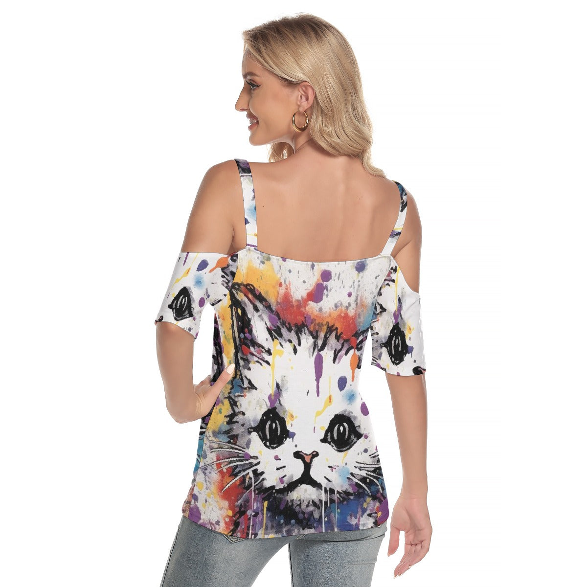 All-Over Print Women's Cold Shoulder T-shirt With Criss Cross Strips