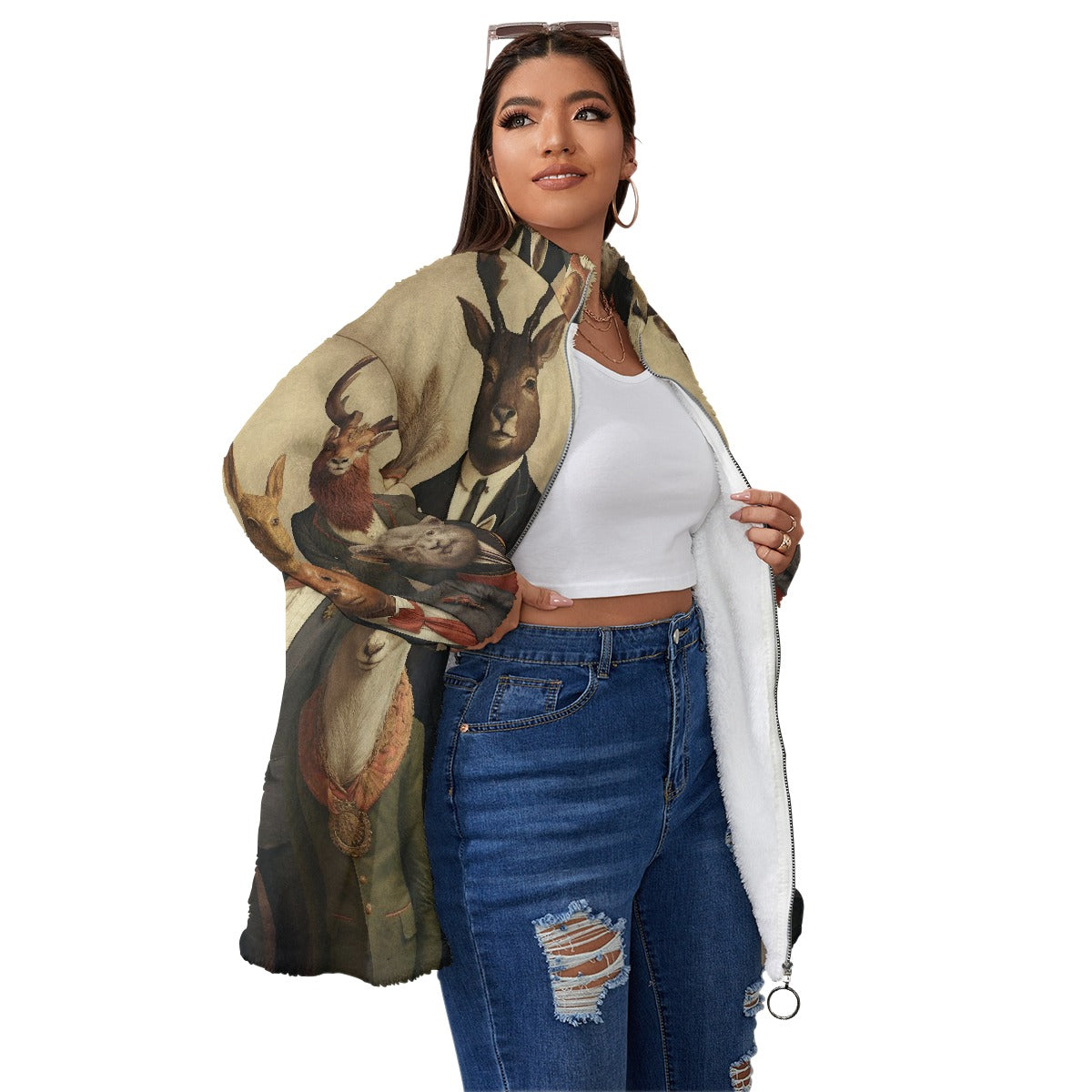 All-Over Print Unisex Borg Fleece Stand-up Collar Coat With Zipper Closure(Plus Size)